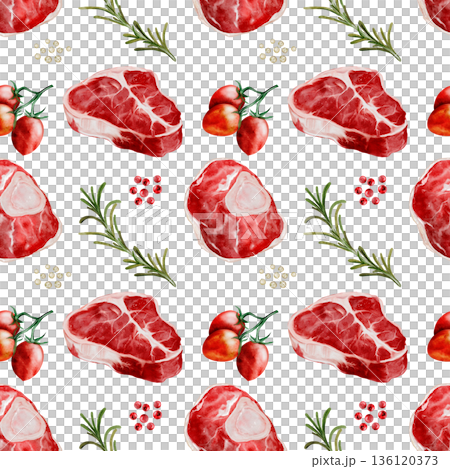 Fresh raw beef steak watercolor seamless pattern. Food clip art. Hand-drawn organic cow meat on a white background. Perfect for cookbook design, restaurant menus, and kitchen textiles. Fresh raw beef steak watercolor seamless pattern. Food clip art. Hand-drawn organic cow meat on a white background. Perfect for cookbook design, restaurant menus, and kitchen textiles. 136120373