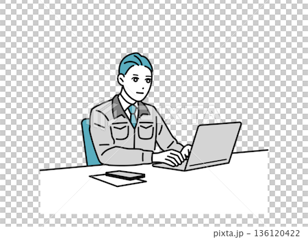 デスクで作業をしている作業着の男性のイラスト 136120422