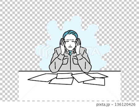 デスクで作業をしている作業着の男性のイラスト デスクで作業をしている作業着の男性のイラスト 136120426