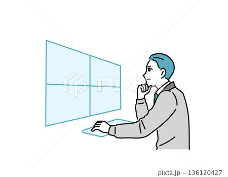 デスクで作業をしている作業着の男性のイラスト デスクで作業をしている作業着の男性のイラスト 136120427