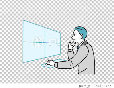 デスクで作業をしている作業着の男性のイラスト デスクで作業をしている作業着の男性のイラスト 136120427