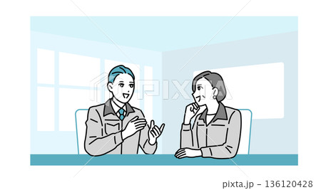 会議室で話している作業着の男女のイラスト 会議室で話している作業着の男女のイラスト 136120428
