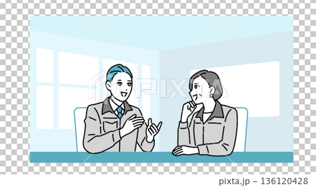 会議室で話している作業着の男女のイラスト 会議室で話している作業着の男女のイラスト 136120428