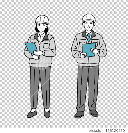 ヘルメットをしている作業員の男女の全身イラスト 136120430
