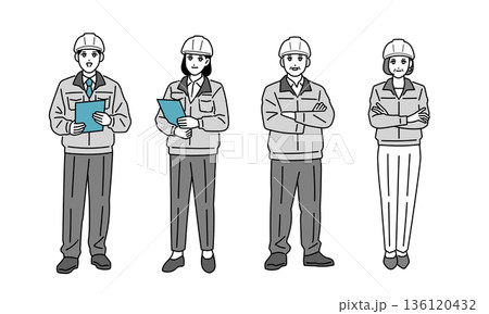 ヘルメットをしている作業員の男女の全身イラスト 136120432