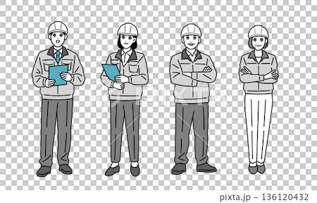 ヘルメットをしている作業員の男女の全身イラスト 136120432