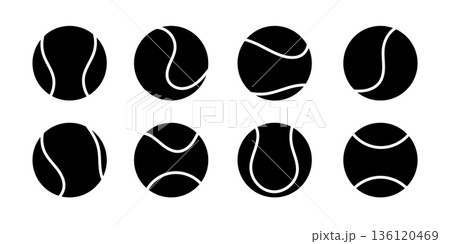 Tennis ball icon set in black color. Simple sport symbols with different line patterns. Flat vector illustration 136120469