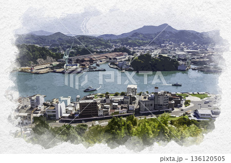 水彩画風　向島の町並み　尾道水道　広島県尾道市 136120505
