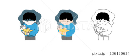 手描き風のタッチで描かれた赤ちゃんを抱っこして悩む父親のイラスト|産後うつ・育児疲れ・男性の悩み 手描き風のタッチで描かれた赤ちゃんを抱っこして悩む父親のイラスト|産後うつ・育児疲れ・男性の悩み 136120634