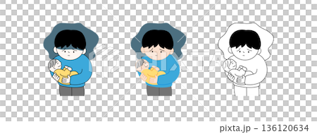 手描き風のタッチで描かれた赤ちゃんを抱っこして悩む父親のイラスト|産後うつ・育児疲れ・男性の悩み 手描き風のタッチで描かれた赤ちゃんを抱っこして悩む父親のイラスト|産後うつ・育児疲れ・男性の悩み 136120634