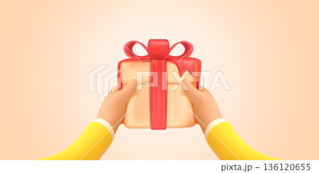 Hands giving gift. 3d hand present giftbox, arm receiving box red ribbon birthday surprise box loyalty program customer employee incentive realistic render vector illustration Hands giving gift. 3d hand present giftbox, arm receiving box red ribbon birthday surprise box loyalty program customer employee incentive realistic render vector illustration 136120655