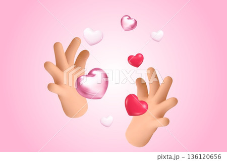 Hands flying hearts. 3d hand with glossy shiny hearts render icon, family share love concept charity sponsor solidarity help volunteer palm social media like vector illustration 136120656