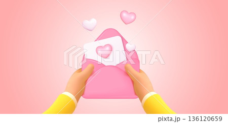 3d love envelope. Hands hold romantic letter with hearts, giving valentine gift mother day greeting card love open paper mail message realistic hearts render vector illustration 136120659