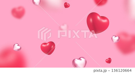3d falling hearts. Flying red pink chrome heart background, love valentine mothers womens day concept banner romantic decoration social media like design poster vector illustration 136120664