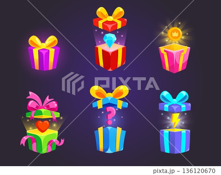 Gift box game bonus. Open giftbox, gaming level surprise mystery present question casino jackpot prize paper boxes explosion magic reward ui app icons, kicky vector illustration 136120670