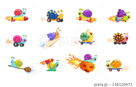 Cartoon fast snails. Quick slug ride on skateboard, slow snail on turbo rocket speedy racer funny animal with shell garden or sea slugs run race, set kicky vector illustration 136120671