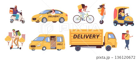Delivery transport type. Walking courier, fast speed delivering on bicycle scooter electric bike car van truck unicycle food logistic service postman guy classy vector illustration 136120672