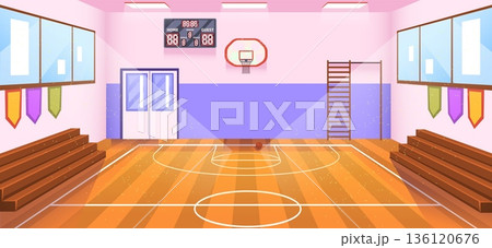 School basketball gym. Sport gymnasium or university basketball court, stadium arena ball basket hoop scoreboard game match cartoon interior background, classy vector illustration School basketball gym. Sport gymnasium or university basketball court, stadium arena ball basket hoop scoreboard game match cartoon interior background, classy vector illustration 136120676