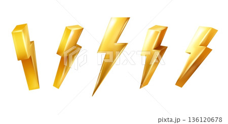 3d golden lightning. Gold thunderbolt figure, thunder bold realistic icon battery energy charge abstract shape electric power voltage flash sign, isolated exact vector illustration 3d golden lightning. Gold thunderbolt figure, thunder bold realistic icon battery energy charge abstract shape electric power voltage flash sign, isolated exact vector illustration 136120678