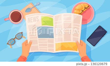 Morning newspaper reading. Man hands hold newspaper, read daily news at breakfast home or office table city press article publication paper media journal, neat vector illustration Morning newspaper reading. Man hands hold newspaper, read daily news at breakfast home or office table city press article publication paper media journal, neat vector illustration 136120679
