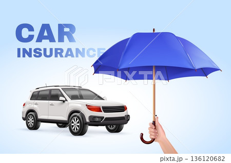 Car insurance banner. Realistic hand with blue umbrella protect suv car, automobile safety driving traffic road service vehicle protection agency advertising vector illustration Car insurance banner. Realistic hand with blue umbrella protect suv car, automobile safety driving traffic road service vehicle protection agency advertising vector illustration 136120682