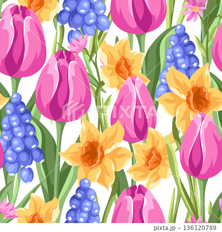 Seamless pattern with flowers. Spring muscari, tulip and narcissus. Beautiful realistic flowers, buds and leaves. 136120789
