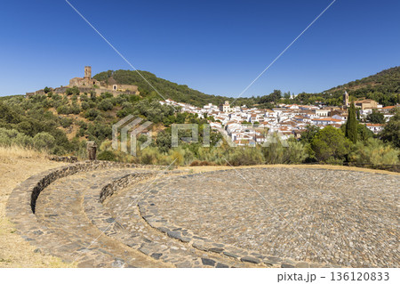 Almonaster la Real village and mosque castle from stone amphitheater Almonaster la Real village and mosque castle from stone amphitheater 136120833