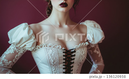 A model in a modern Laced Up corset dress inspired by 18th-century attire, celebrating 250 anniversary USA 136120938
