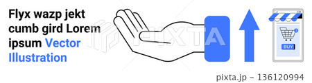 E-commerce growth, online shopping, business development, retail sales increase, upward trend, digital marketplace. An open hand with an upward arrow pointing at a shopping cart. E-commerce growth 136120994