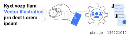 Time management, workflow optimization, teamwork, productivity tools, scheduling, efficiency improvement. Hand holding a clock, gear with people icons contract with seal. Time management 136121012