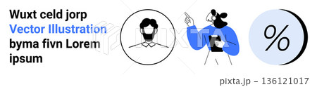 Digital communication, analytics, statistical analysis, teamwork, modern business, vector graphics. Minimalist design showing a person holding a tablet, a circle with a percentage, and an outlined 136121017