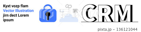 Data protection, cloud storage, CRM integration, digital security, online privacy, technology. Lock with cloud and CRM text. Data protection and cloud storage concept 136121044