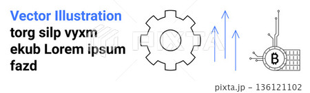 Blockchain technology, digital innovation, cryptocurrency, fintech, decentralized systems, future trends. A gear, arrows and a blockchain cryptocurrency symbol. Blockchain technology and digital 136121102