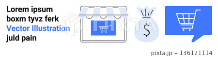 E-commerce, digital transactions, online marketplace, retail business, shopping experience, sales strategies. Shopping cart, storefront and money bag icons. E-commerce and digital transactions E-commerce, digital transactions, online marketplace, retail business, shopping experience, sales strategies. Shopping cart, storefront and money bag icons. E-commerce and digital transactions 136121114