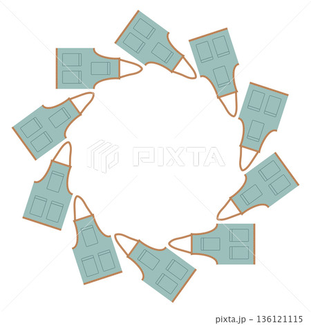 Round frame with garden aprons and tools. Summer series of flat-style illustrations. Tools for growing plants, gardening, and vegetable gardening. 136121115