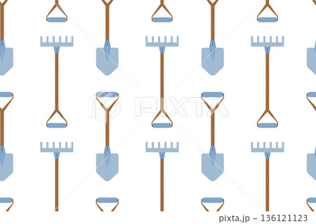 Seamless pattern with garden shovels and rakes. Summer series of flat illustrations. Tools for growing plants, gardening, and vegetable gardening. Seamless pattern with garden shovels and rakes. Summer series of flat illustrations. Tools for growing plants, gardening, and vegetable gardening. 136121123