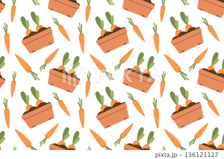 Seamless pattern with plant seedlings and carrots. Summer series of flat illustrations. Tools for growing plants, gardening, and vegetable gardening. Seamless pattern with plant seedlings and carrots. Summer series of flat illustrations. Tools for growing plants, gardening, and vegetable gardening. 136121127