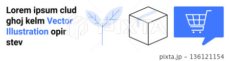 E-commerce, delivery services, online shopping, sustainability, packaging, nature. A leaf, a cube and a shopping cart icon are . E-commerce and delivery services E-commerce, delivery services, online shopping, sustainability, packaging, nature. A leaf, a cube and a shopping cart icon are . E-commerce and delivery services 136121154