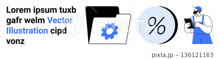 Business processes, data management, digital tools, analysis, finance, technology solutions. Folder with gear icon, percentage symbol person using tablet. Business processes and data management Business processes, data management, digital tools, analysis, finance, technology solutions. Folder with gear icon, percentage symbol person using tablet. Business processes and data management 136121163