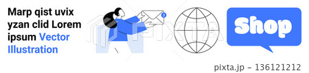 E-commerce, global reach, online communication, email marketing, shopping, digital services. A woman holding an envelope, globe and speech bubble with Shop. E-commerce and global reach visuals 136121212