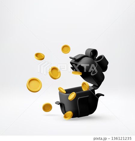 3D Black open gift box with golden coins 3D Black open gift box with golden coins 136121235