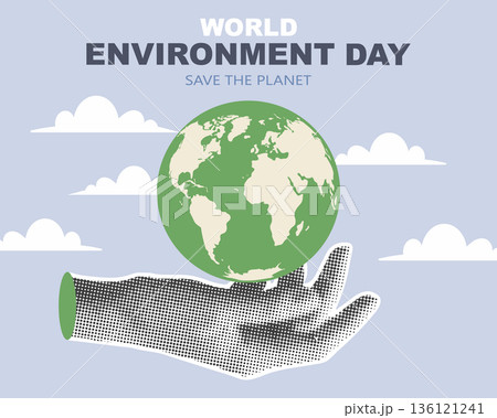 World Environment Day collage card with halftone hand holding a globe. Illustration for Earth Day, banner, poster. 136121241