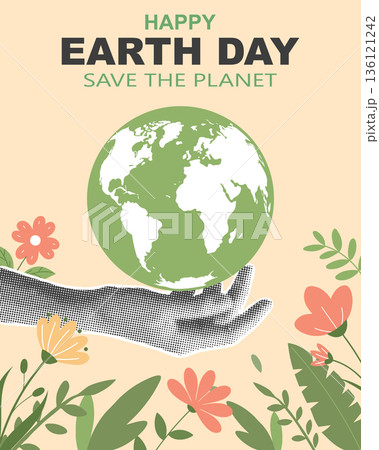 Happy earth day card with halftone hand holding a globe with flowers. Illustration for Earth Day, banner, poster. 136121242