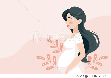 Cute expectant mother with flowers on pink background with leaves. Pregnant woman illustration. 136121245