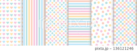 Set of seamless patterns with polka dots hearts stripes and checks. Pastel backgrounds for babies and kids. 136121246
