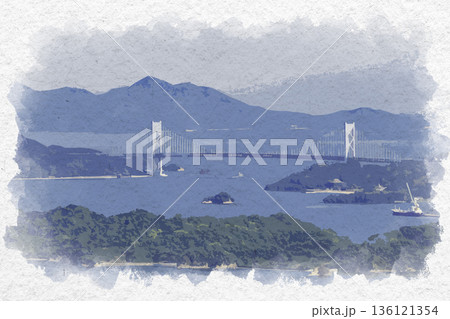 水彩画風　三原　筆影山展望広場からの眺望　因島大橋　広島県三原市 136121354