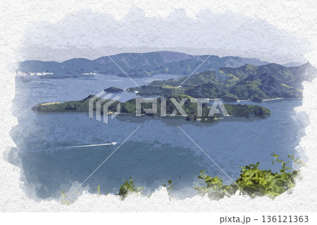 水彩画風 三原 筆影山展望広場からの眺望 小佐木島 広島県三原市 水彩画風 三原 筆影山展望広場からの眺望 小佐木島 広島県三原市 136121363