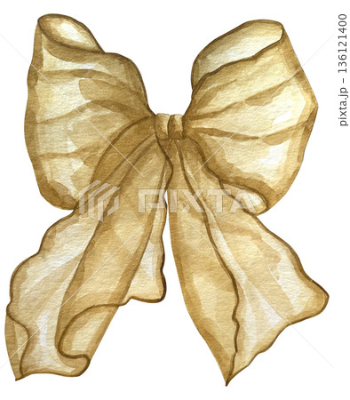 Beige ribbon bow tie. Hand drawn watercolor on white background. Beige ribbon bow tie. Hand drawn watercolor on white background. 136121400