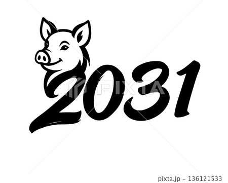 Stylized head of a pig with the image of the year 2031 according to the zodiac sign. Stylized head of a pig with the image of the year 2031 according to the zodiac sign. 136121533