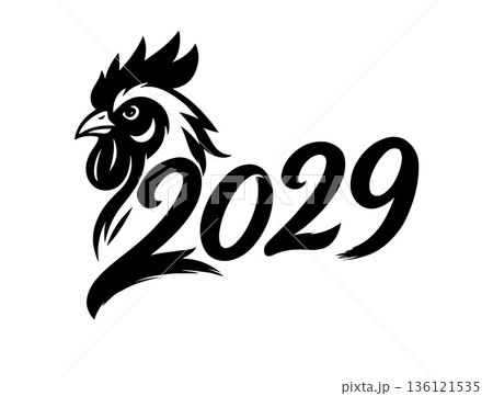 Stylized head of a rooster with the image of the year 2029 according to the zodiac sign. Stylized head of a rooster with the image of the year 2029 according to the zodiac sign. 136121535